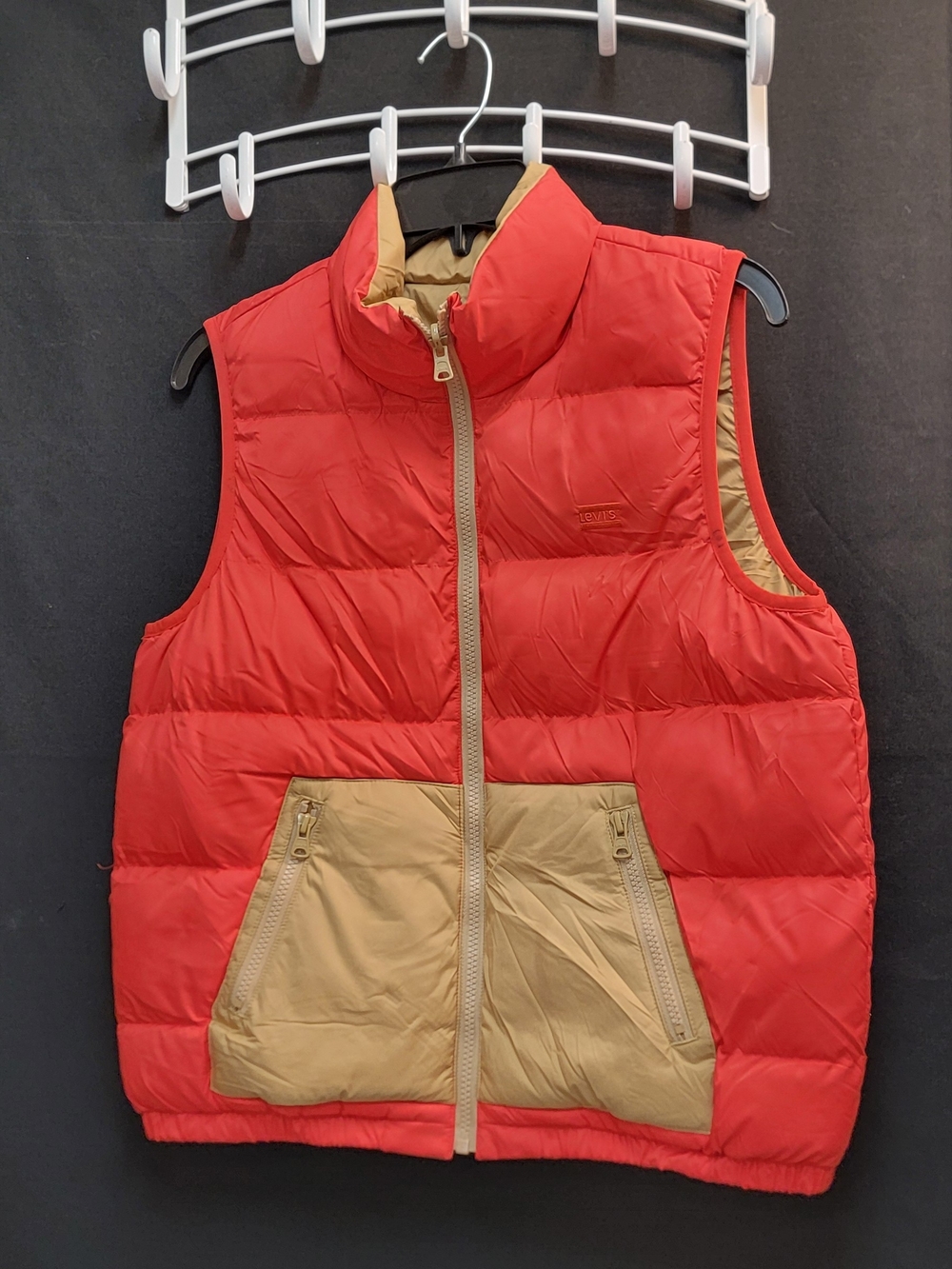 Levi's Red Puffer Vest with Tan Pocket Panels